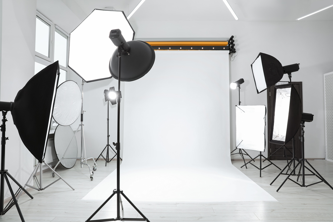 Interior of Modern Photo Studio with Professional Lighting Equip